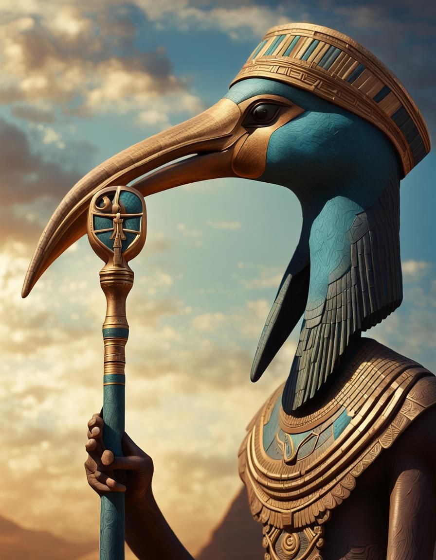 Thoth, Ancient Egyptian "Ibis-bird Head" God" and in one han...