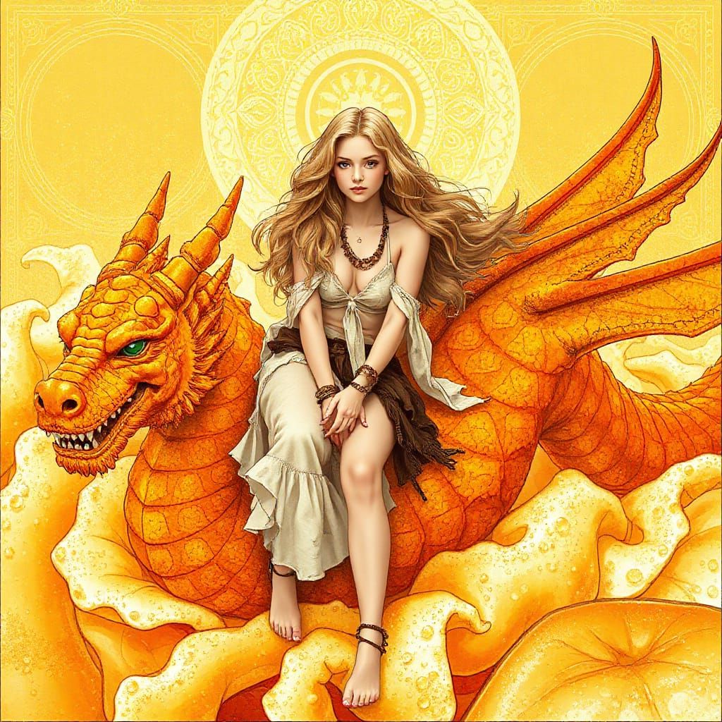 Woman on Gummy Dragon in Effervescent Soda Sea