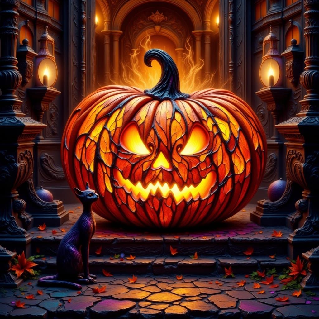 Fiery Jack O Lantern with Stained Glass Cat