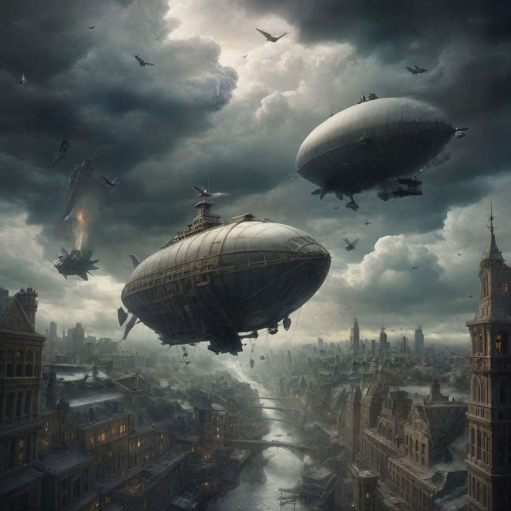 Cyberpunk Airship Flees Wicked Storm with Dragons
