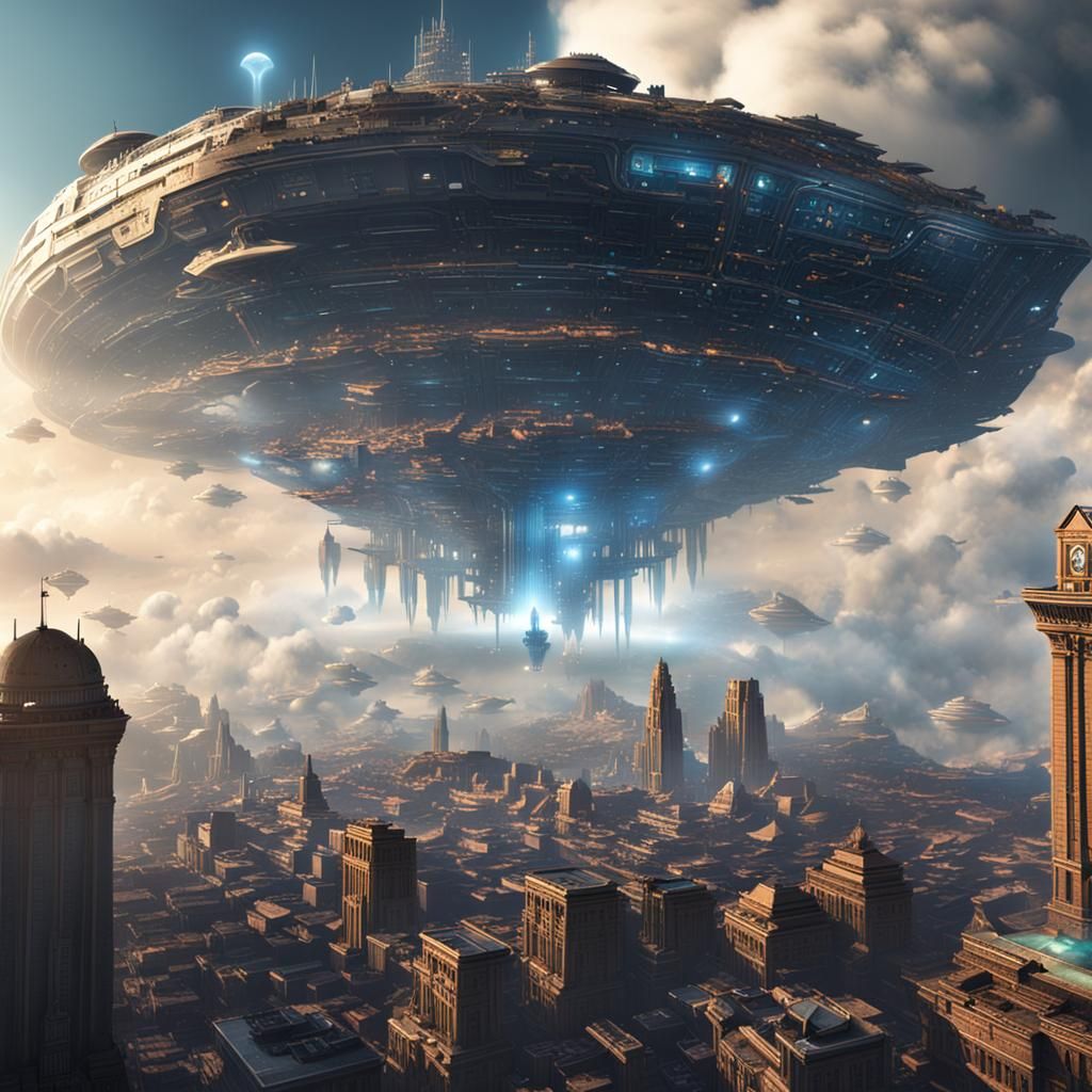 Floating City Spaceship Battle in Fantasy Concept Art