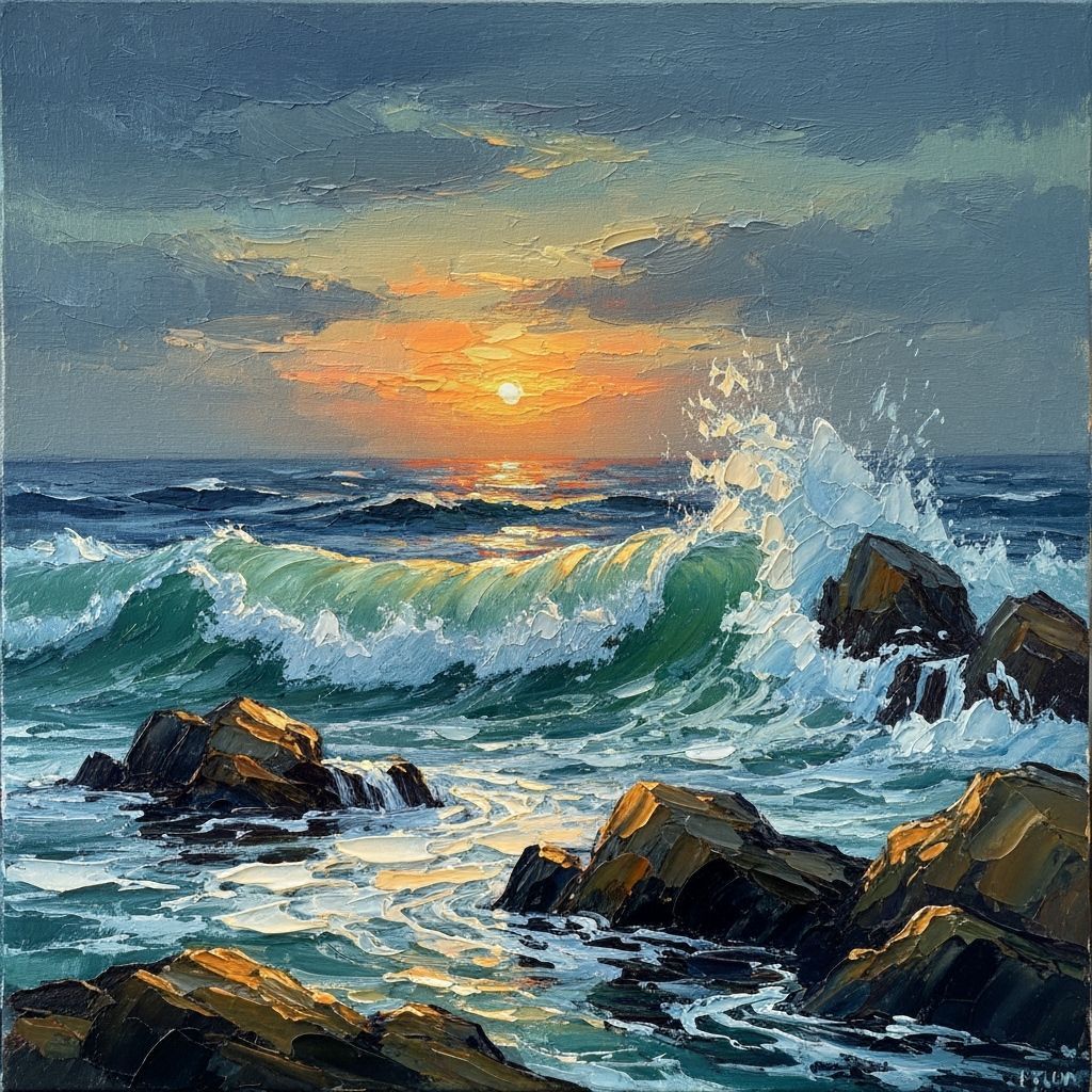 Stormy Ocean Dusk Impasto Painting