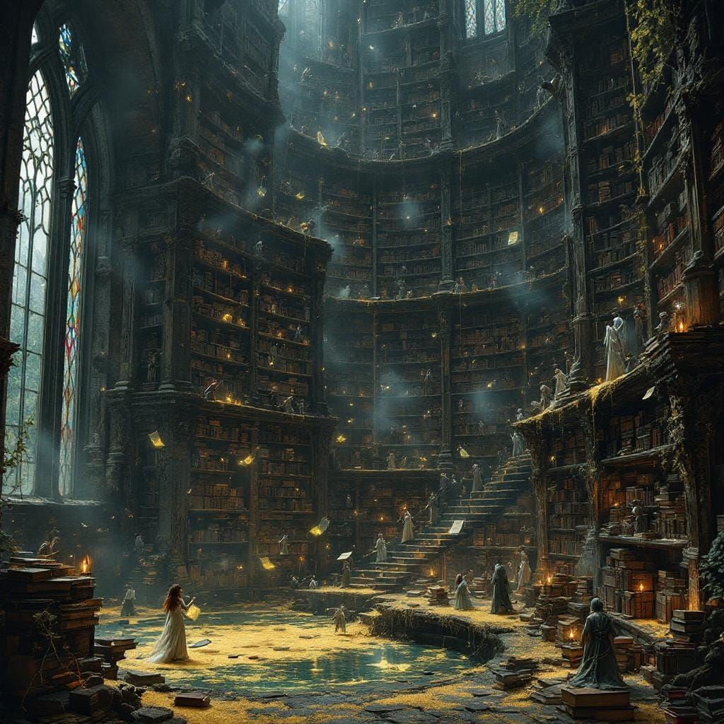 Magical Bookshelf in Crumbling Castle Chamber, Fantasy Reali...