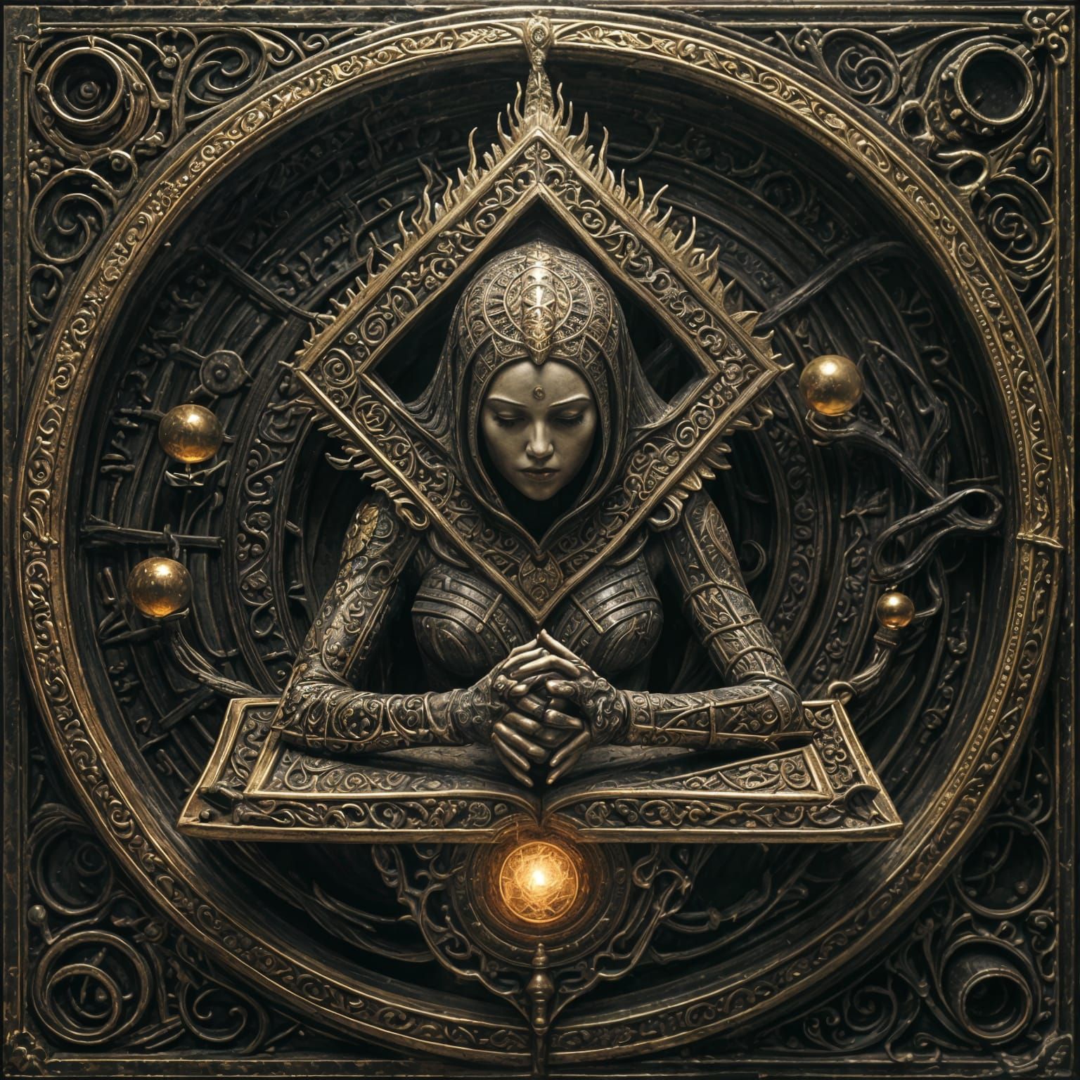 Surreal Mystic Guardian in Golden Robes with Glowing Orbs