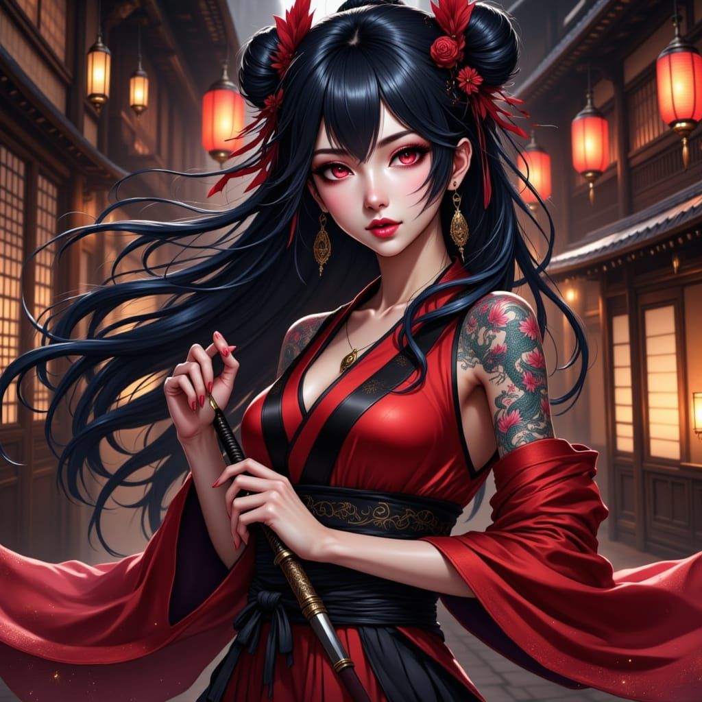 Anime Girl with Dragon Tattoo in Japanese Setting