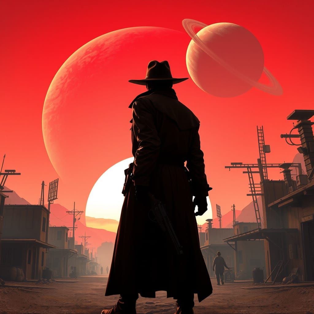 Gunslinger Silhouetted Against Crimson Sunset on Alien Front...