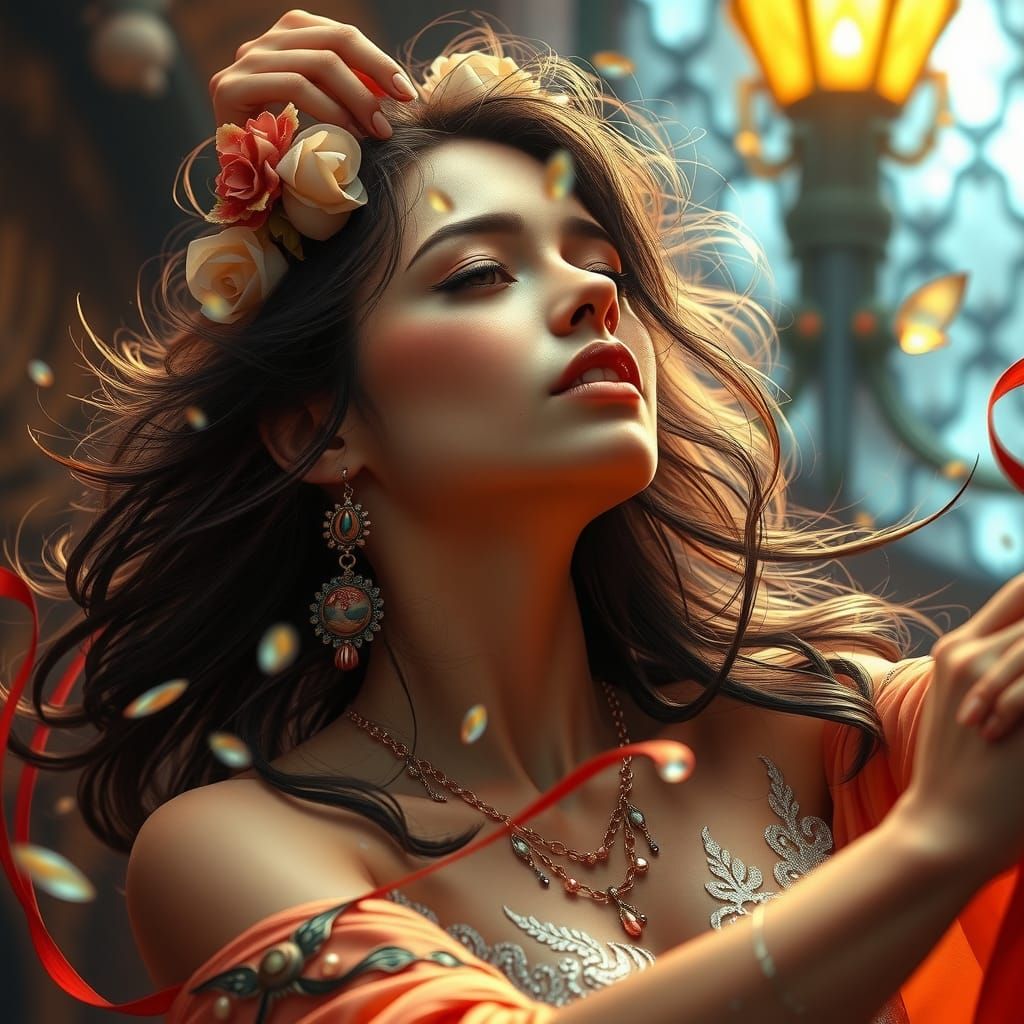 Dancing Woman Portrait in Anime Art Nouveau Style