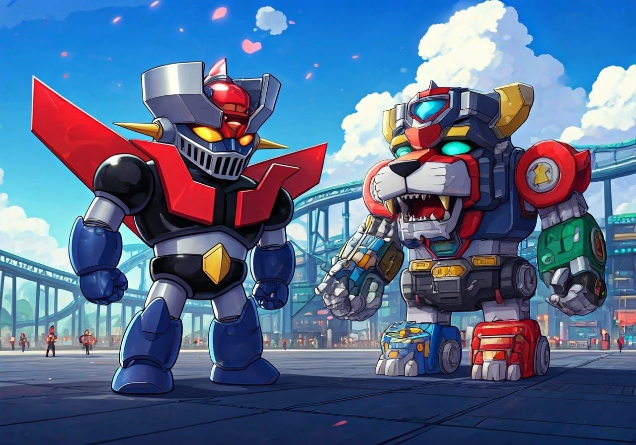 Kawaii Chibi Mecha Battle in Futuristic Theme Park