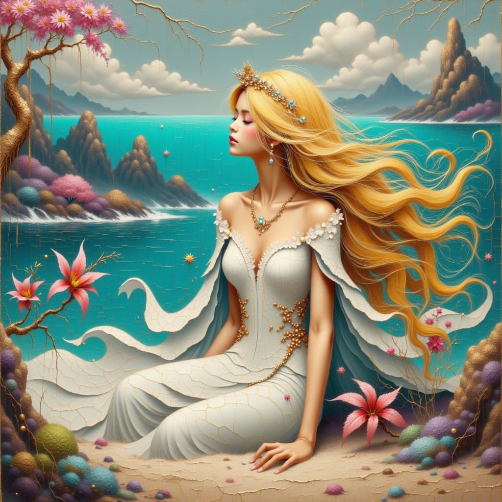 Blonde Summer Princess on Tropical Beach, Disney Style