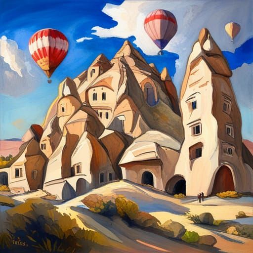 Cappadocia, Turkey: Gouache-Style Hot Air Balloon Landscape