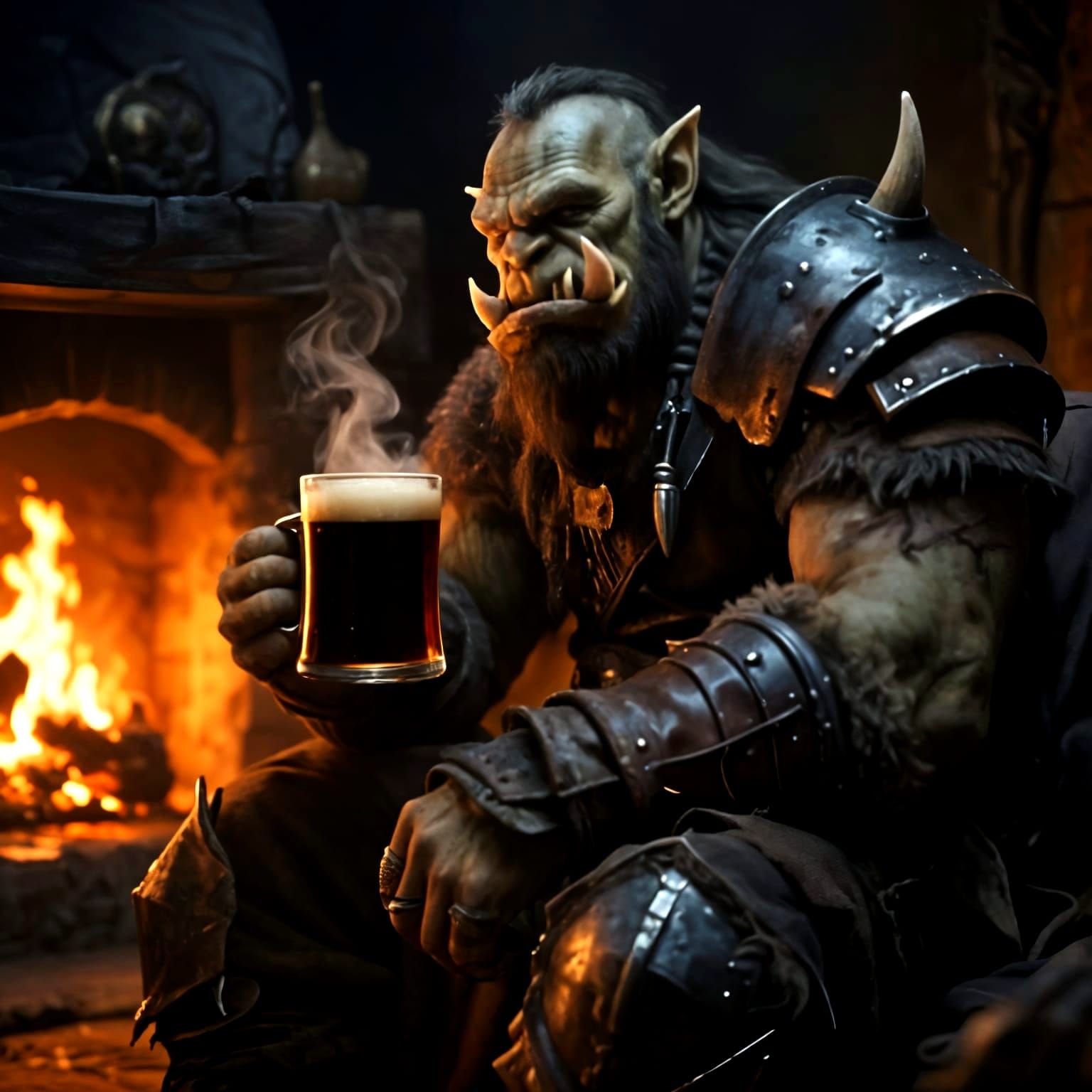 Ancient Ork Warrior Enjoys Dark Ale by Firelight