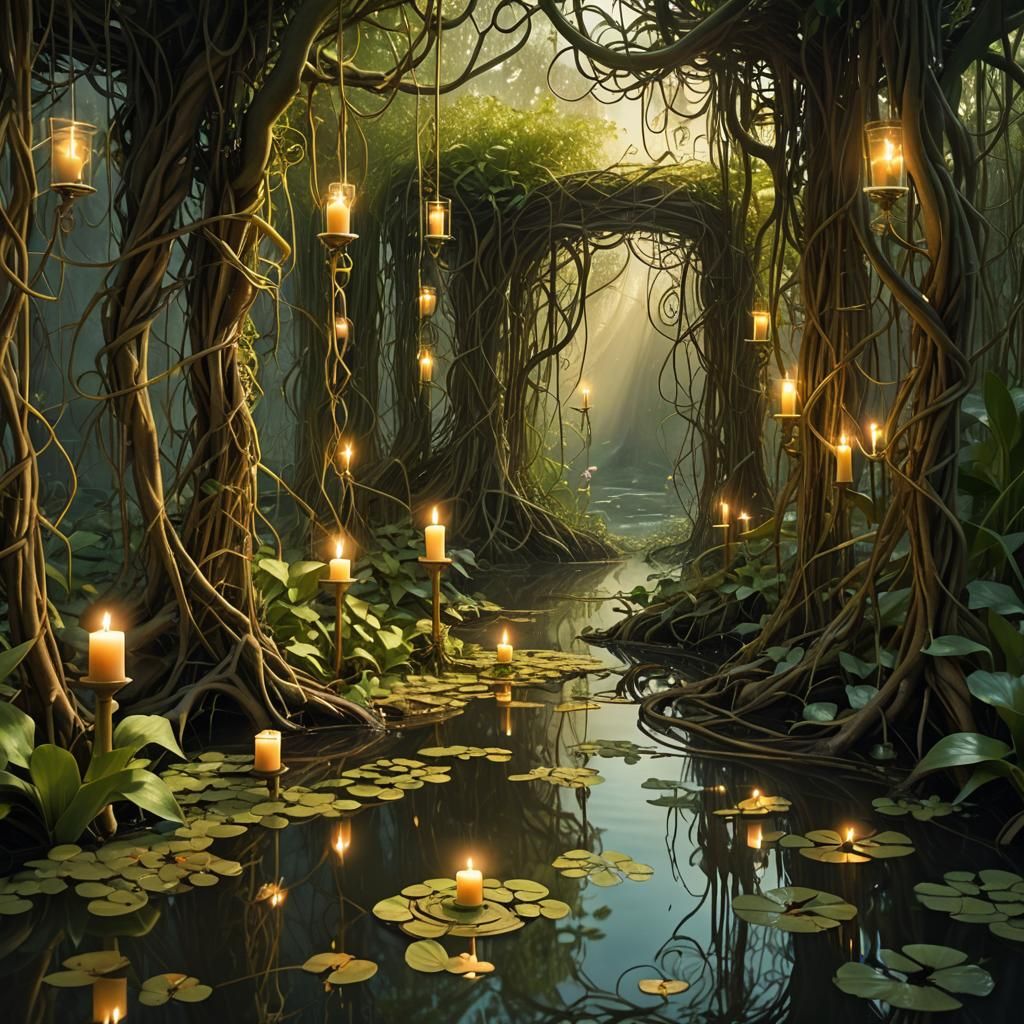 Surreal Candlelit Swamp Labyrinth in Digital Art