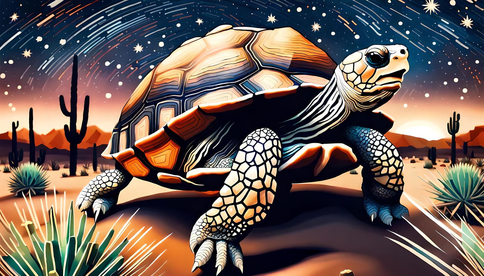 Desert Tortoise Under Starry Night Sky, Neo-Impressionism