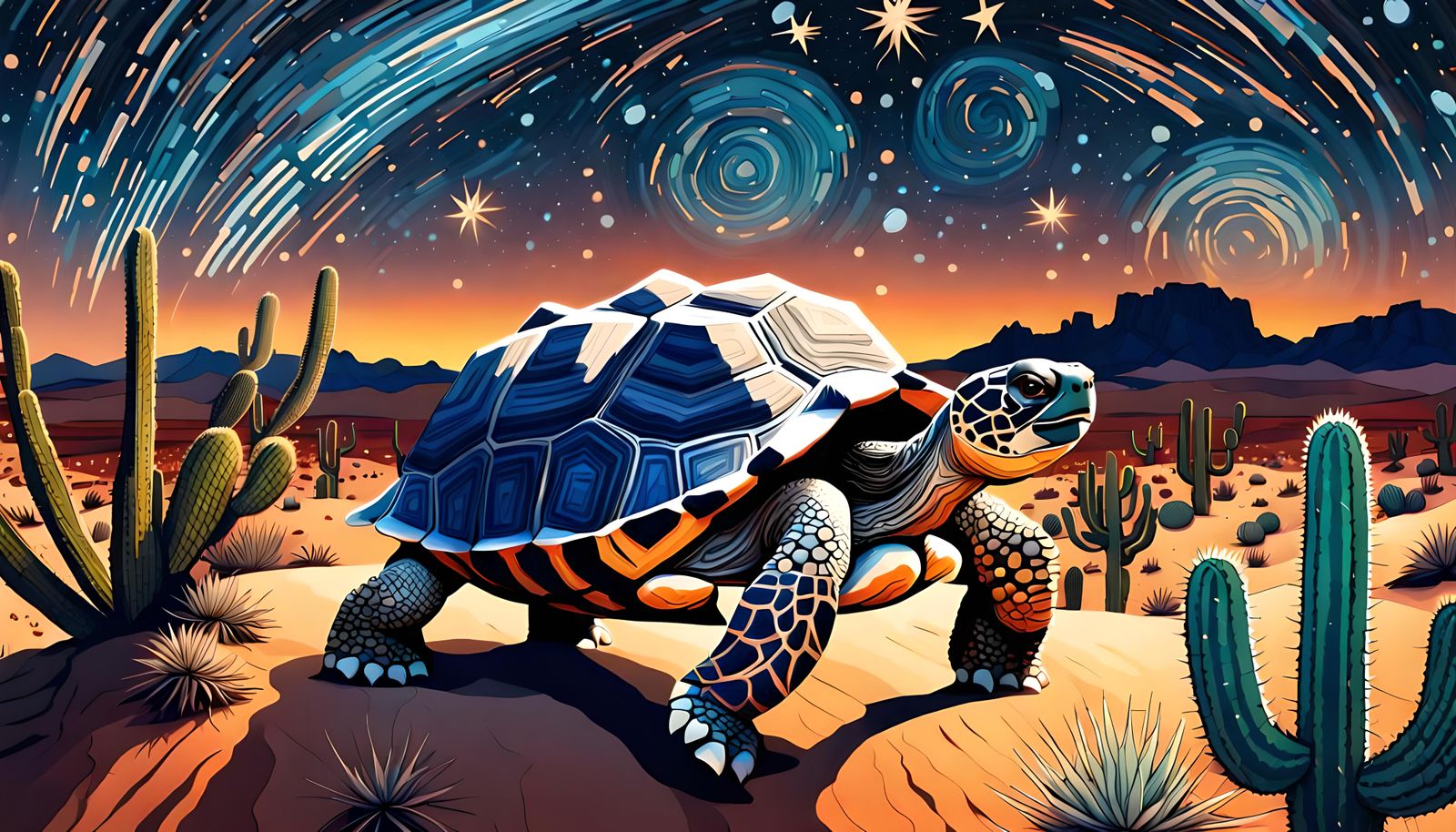 Desert Tortoise Under Starry Sky, Neo-Impressionist Style