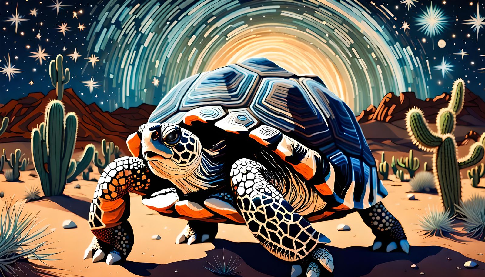 Desert Tortoise Under Starry Sky: A Maximalist Digital Art