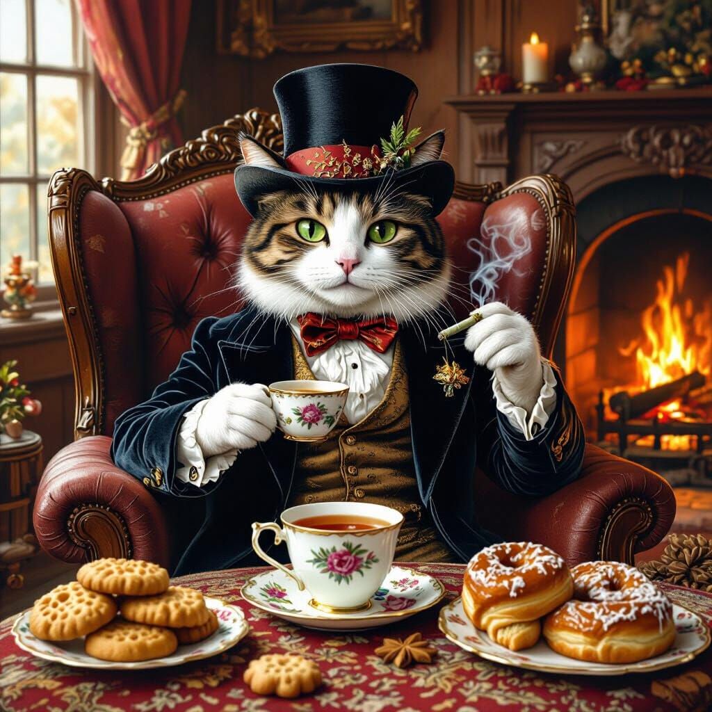 Victorian Cat Enjoys Tea by Fireplace in Whimsical Style