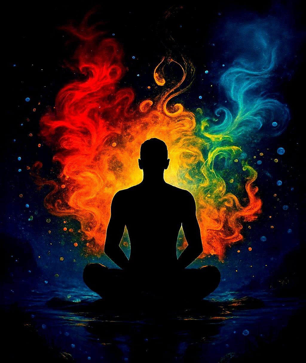 Man Meditating Underwater in Galactic Ink