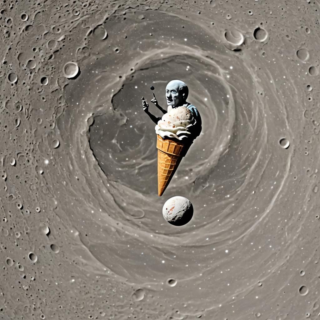 Microscopic Man Surfs the Sweet Surface of an Ice Cream Moon