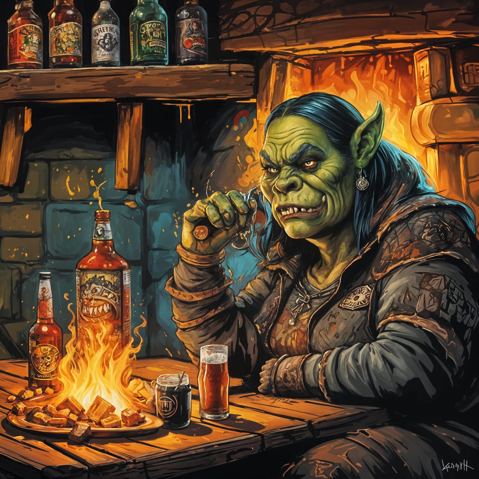 Vibrant Orc Sits Beside Cozy Tavern Fireplace