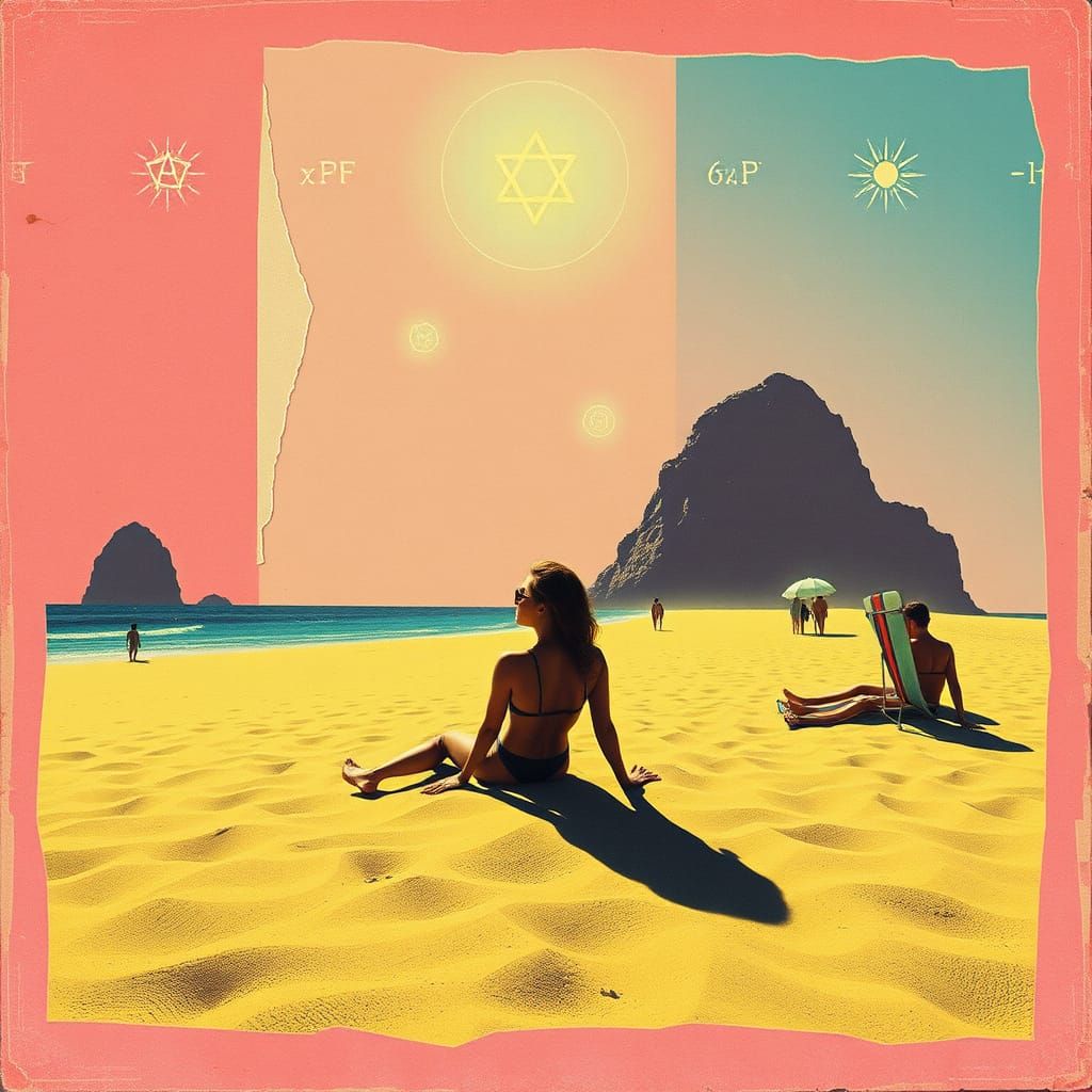 Distressed Surrealist Beach Scene in Vintage Style