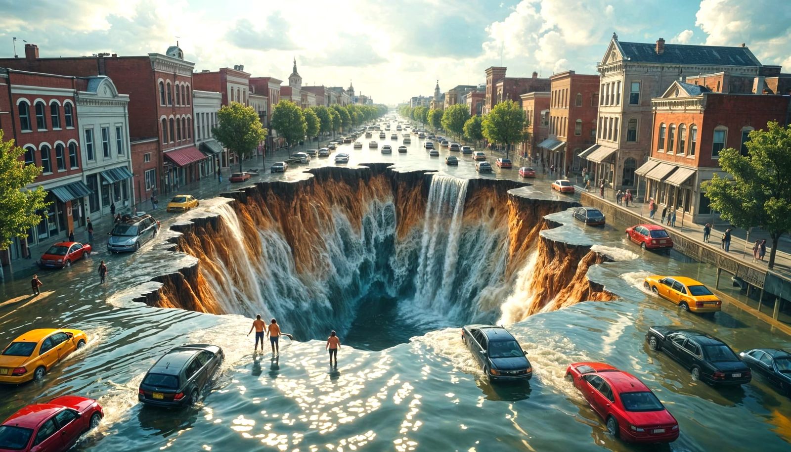 Surreal Flood Disaster in Escher-Inspired Architecture