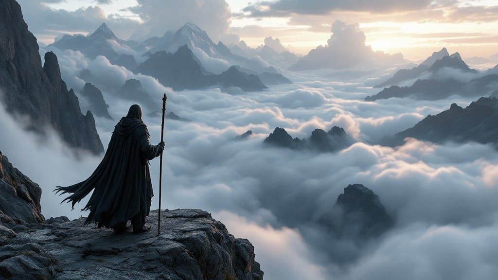 Epic Medieval Traveler Amidst Majestic Mountains