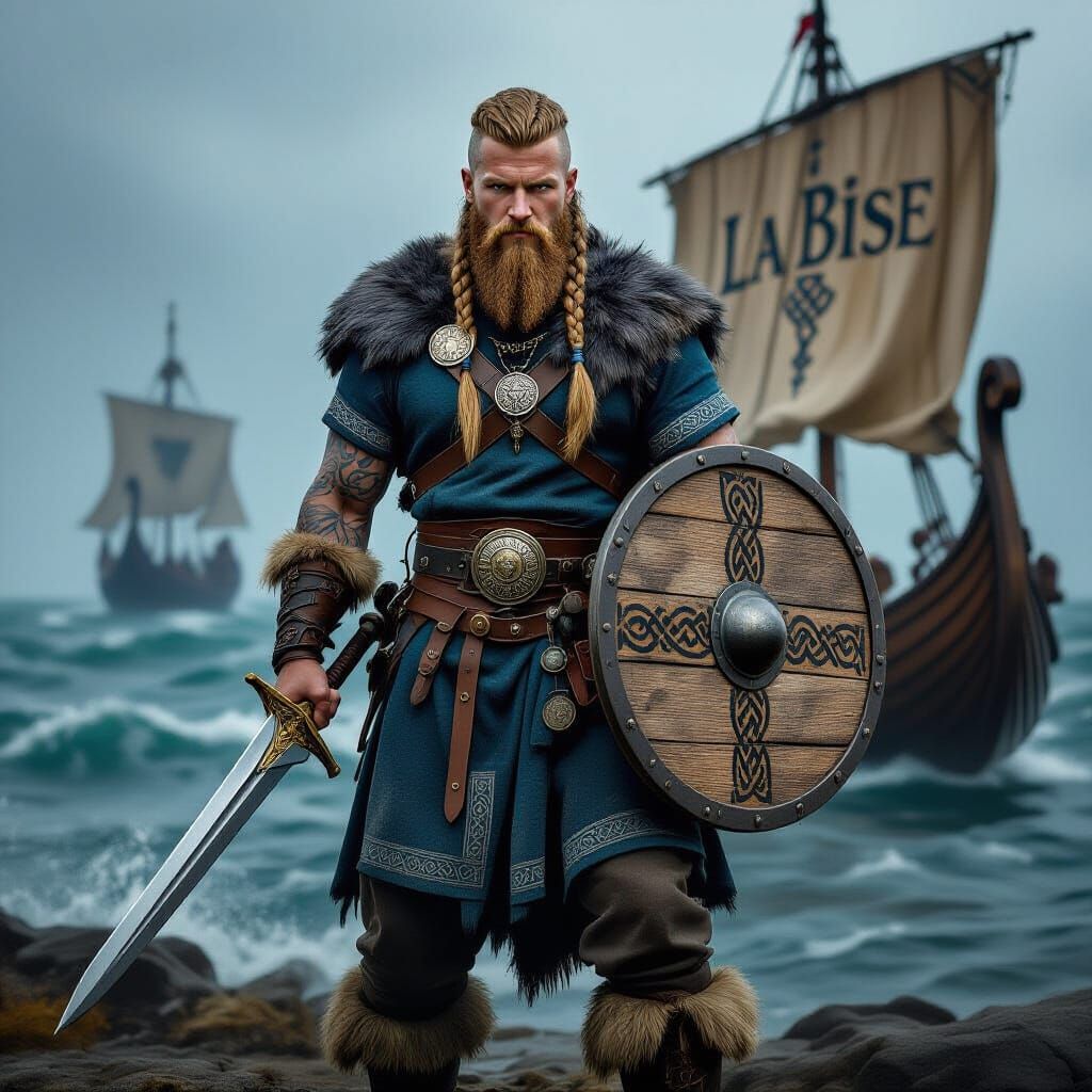 Nordic Warrior with Viking Longship in Stormy Sea