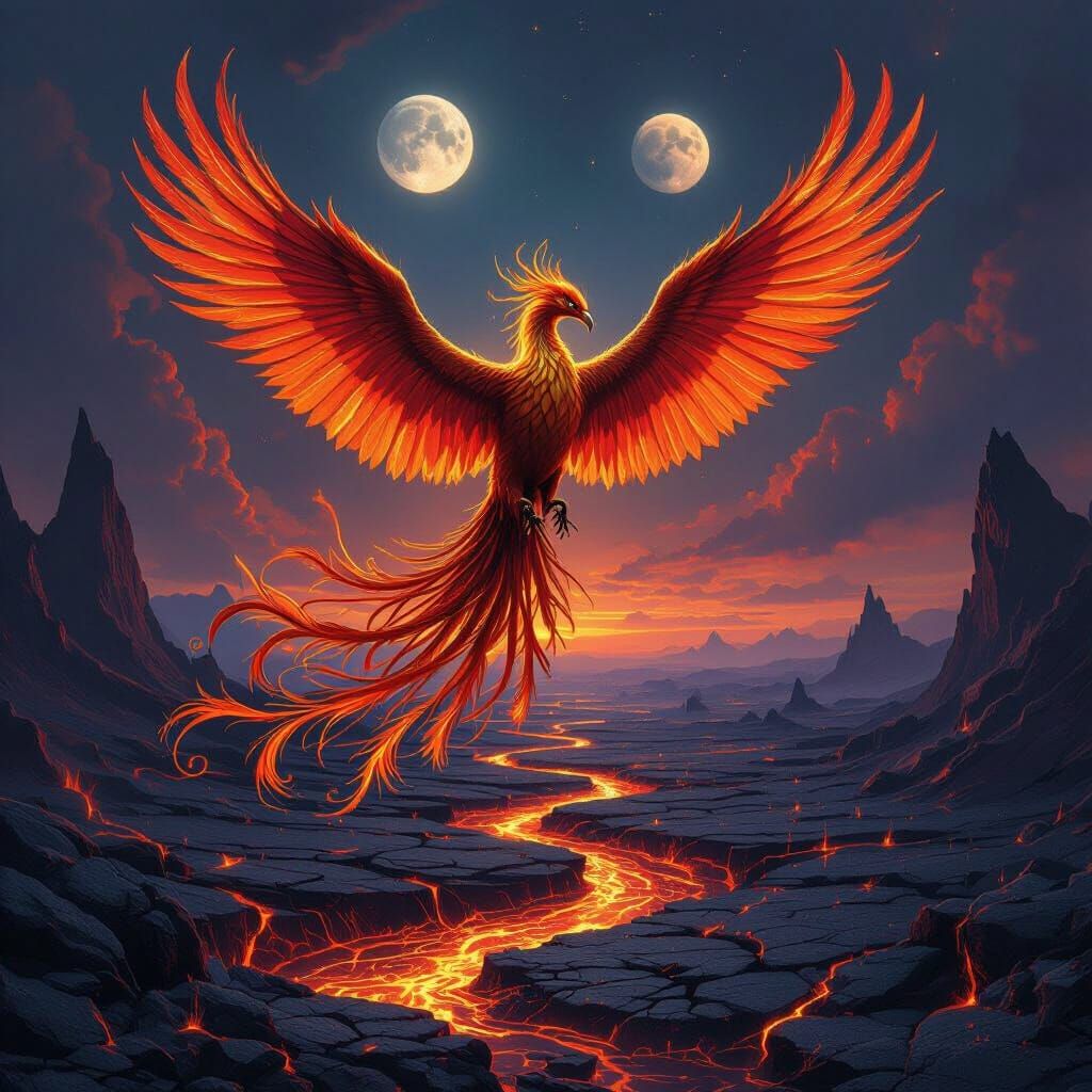 Majestic Phoenix of Molten Gold Rises From Volcanic Landscap...