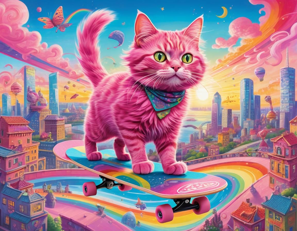 Pink Cat Rides Skateboard in Whimsical Cityscape