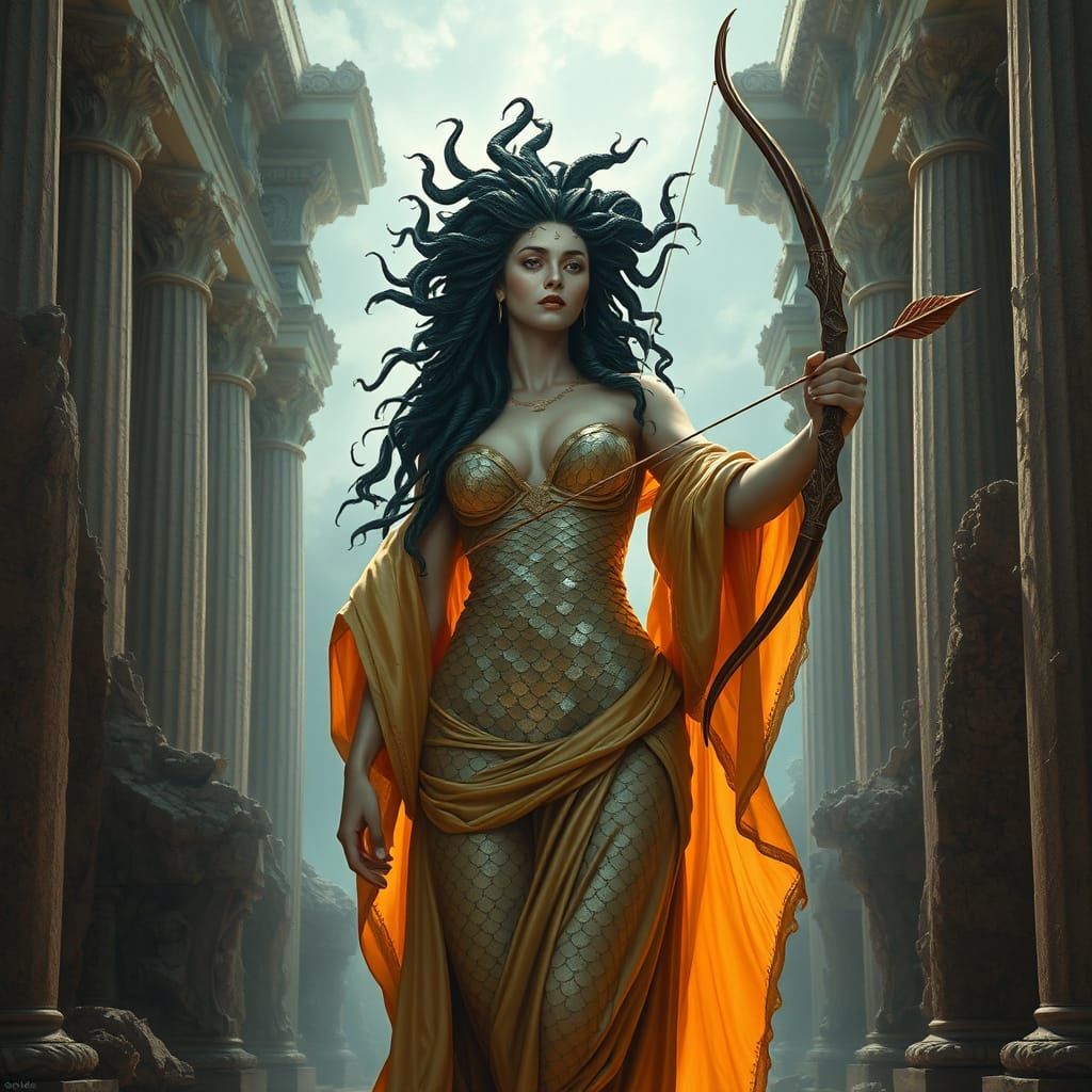 Medusa in Ancient Greek Ruins, Serpentine Hair and Scaled Sk...