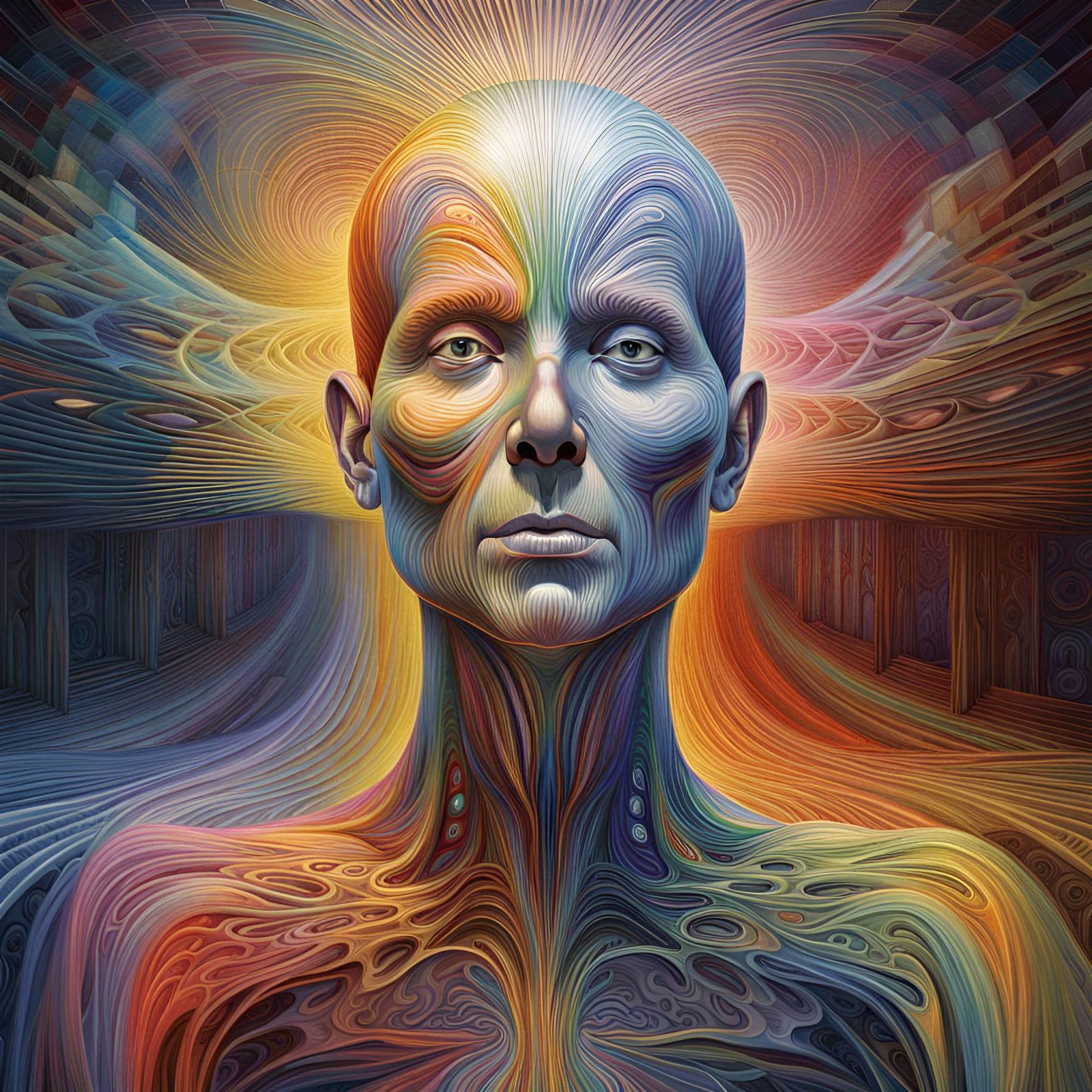 Psychedelic Rebirth: Spirit Entering Body in 3D Oil Painting