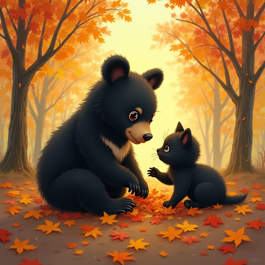Adorable Baby Black Bear Plays with Kitten Amidst Vibrant Fa...