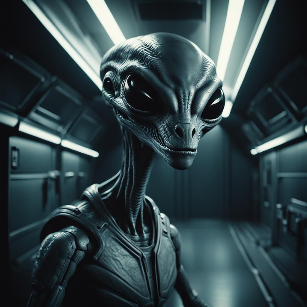 Realistic Grey Alien Portrait in UFO Interior