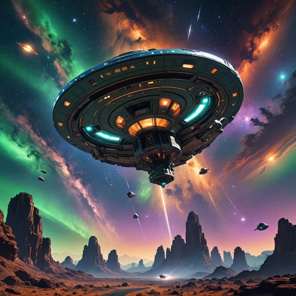 UFO and NASA Craft in Space: Matte Painting