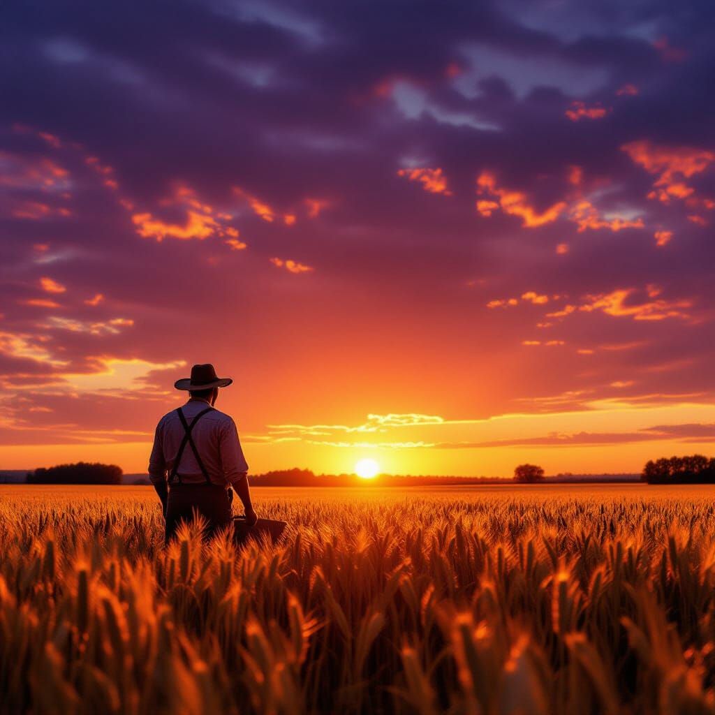 Farmer Silhouette at Fiery Sunset Matte Painting