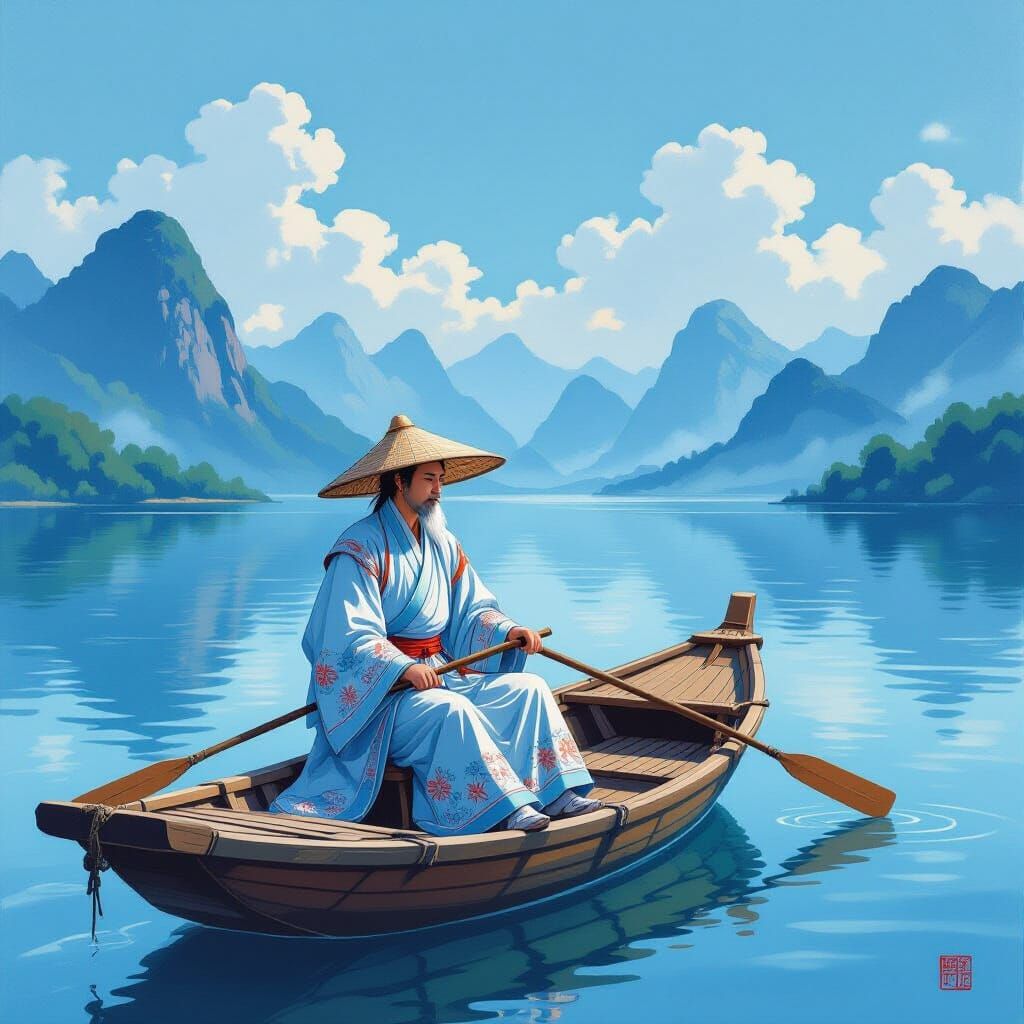 Fisherman on a Lake in Traditional Chinese Painting Style