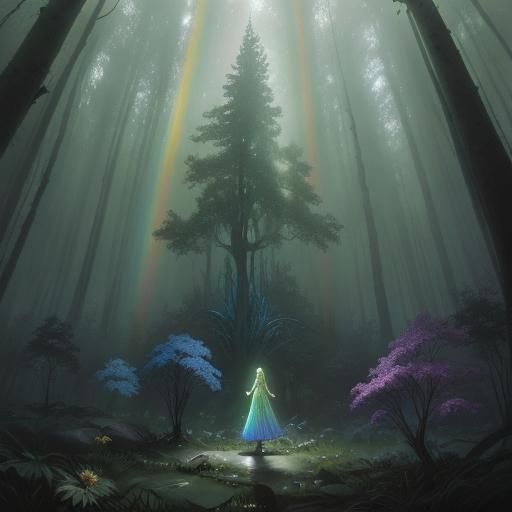 Iridescent Forest with Rainbow Refractions and Fairies