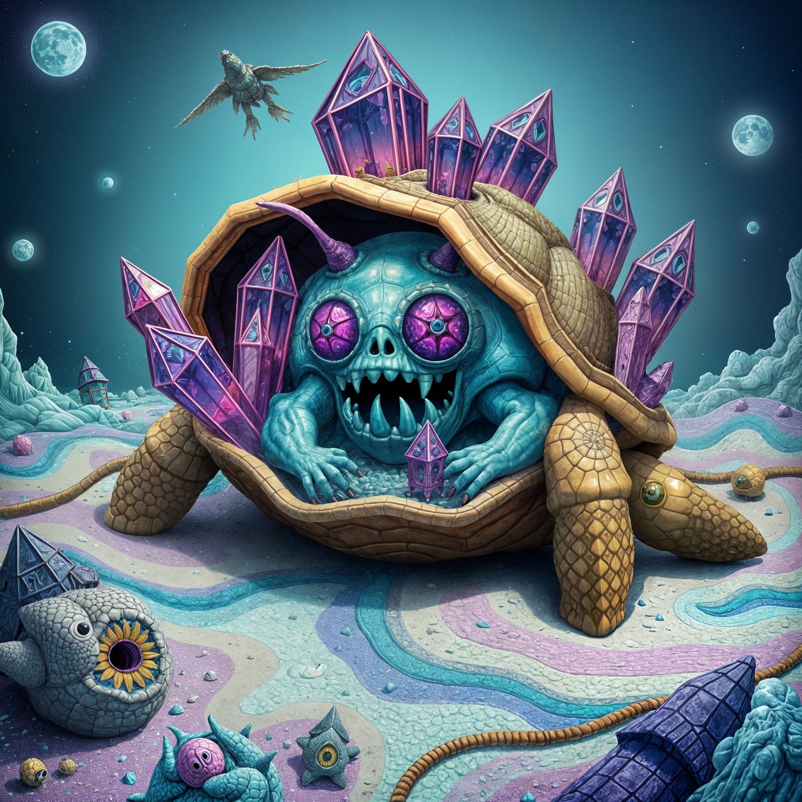 Bizarre Crystalline Turtle Monster on Psychedelic Beach