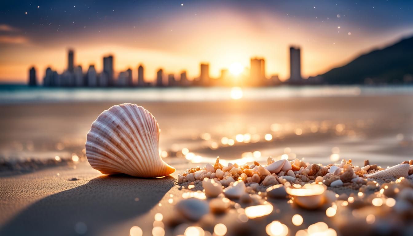 Seashell Beach Meets City Skyline at Sunset