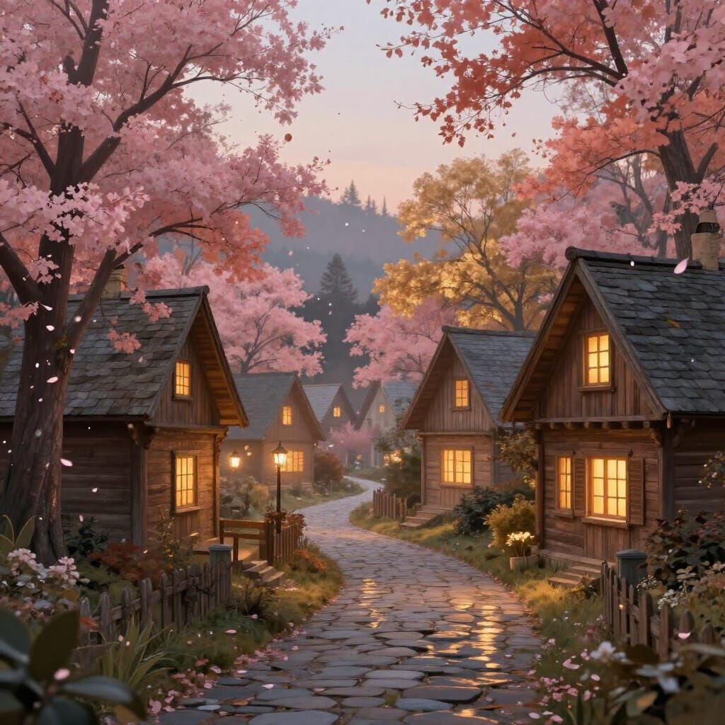 Enchanting Storybook Village at Dusk, Painterly Digital Art