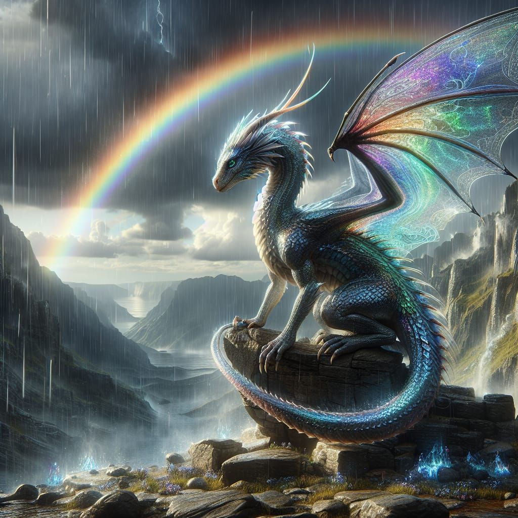 Photorealistic Baby Dragon with Rainbow Wings in Rainstorm