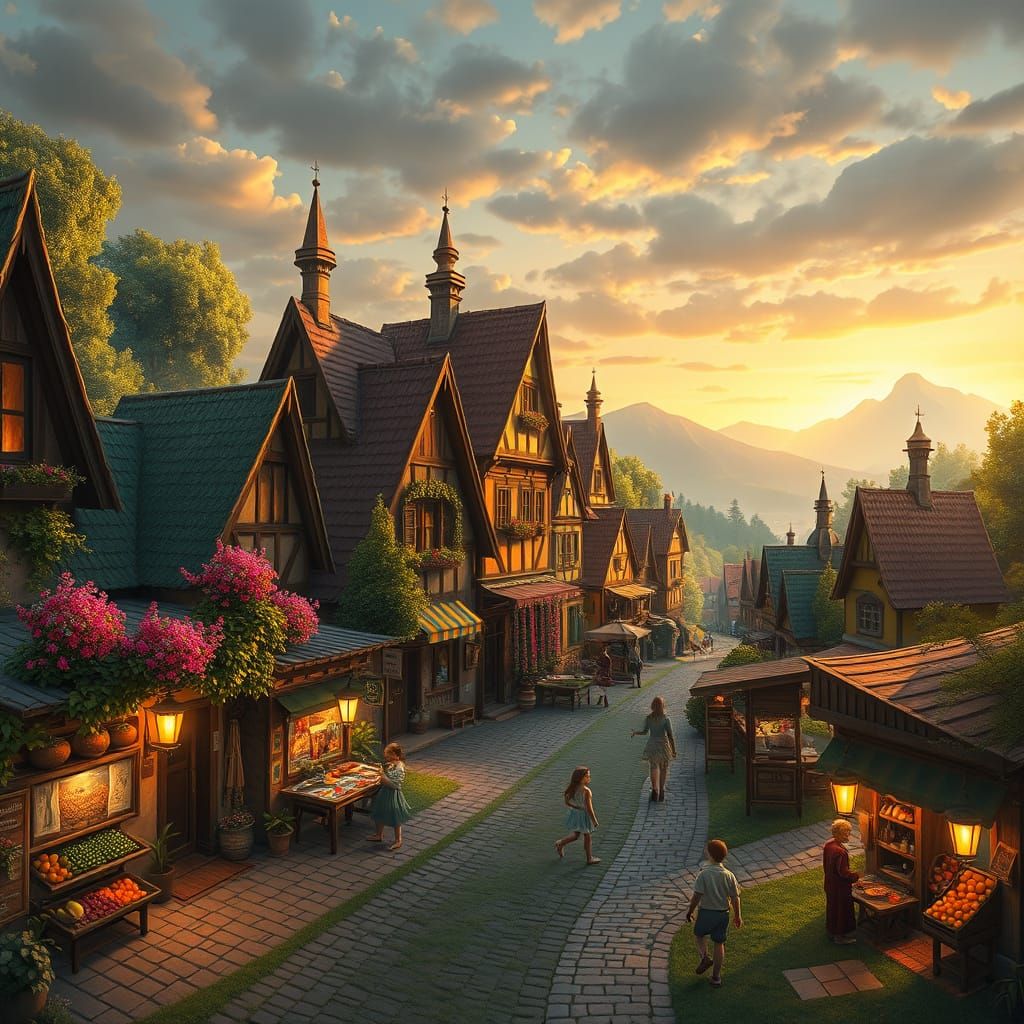 A charming fantasy town nestled in a green valley, cobblestone streets winding between colorful timber-framed houses, fl...