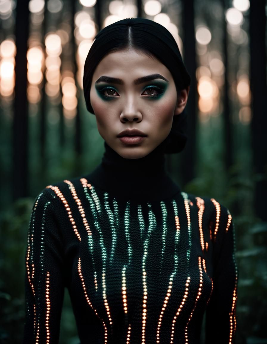 Indonesian Model with War Paint in Night Forest
