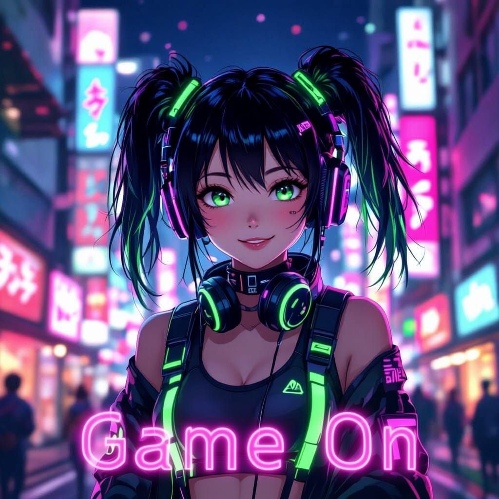 Neon Tokyo Anime Girl in Cyberpunk Style