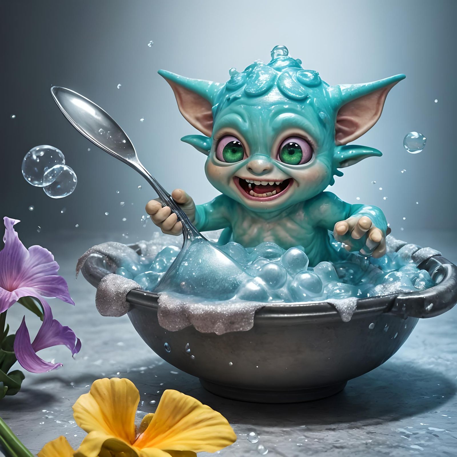 Laughing Baby Goblin Playing with Bubbles
