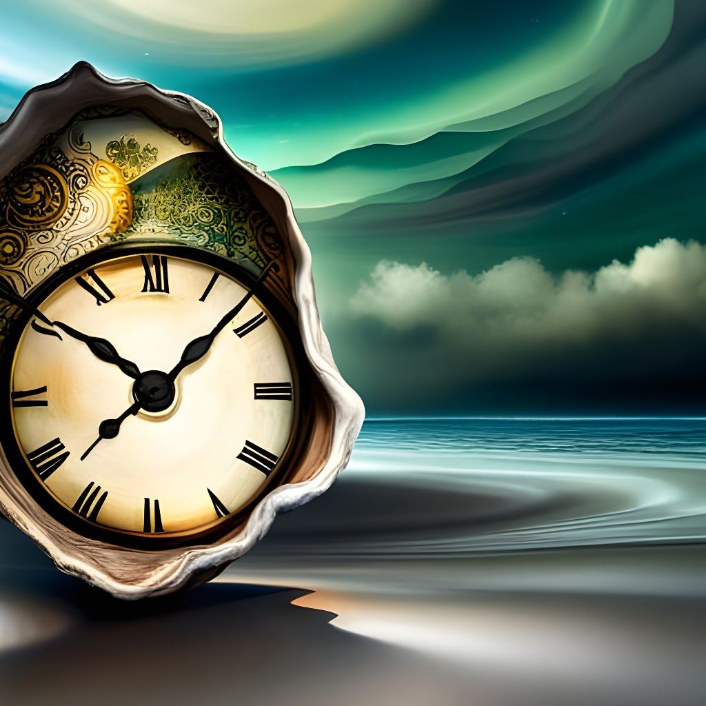 Clock in Oyster Shell: Surreal Digital Art