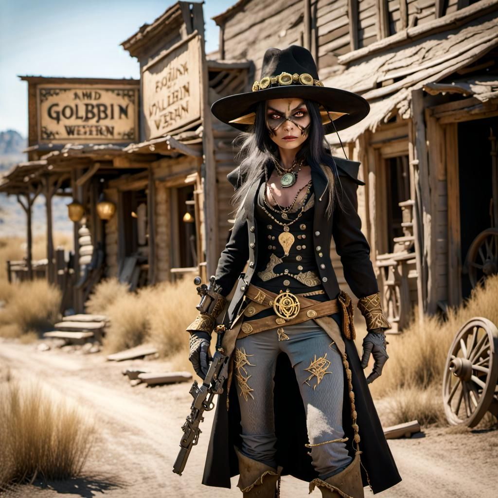 attractive female goblin gunslinger black western costume an...