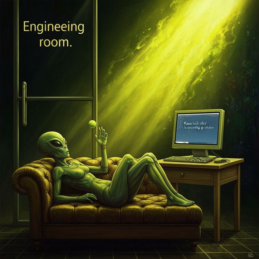 Alien Juggler in Engineering Room: Oil and Ink