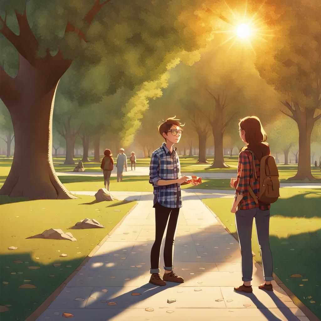 Nerds Meet in Park with Sunlight in Imaginative Realism