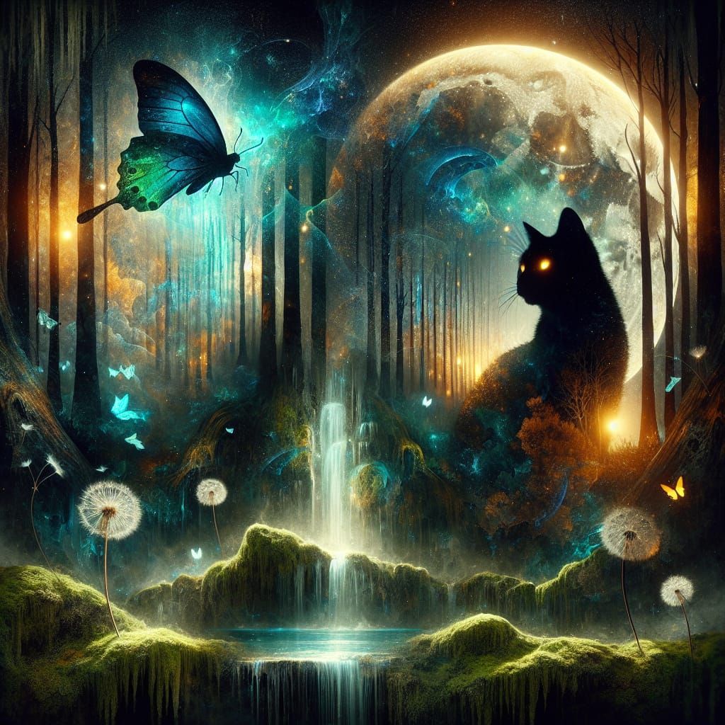 Intricately grunge-textured painting in style of James Gurney: double-exposure of a silhouette of a black cat and a myst...